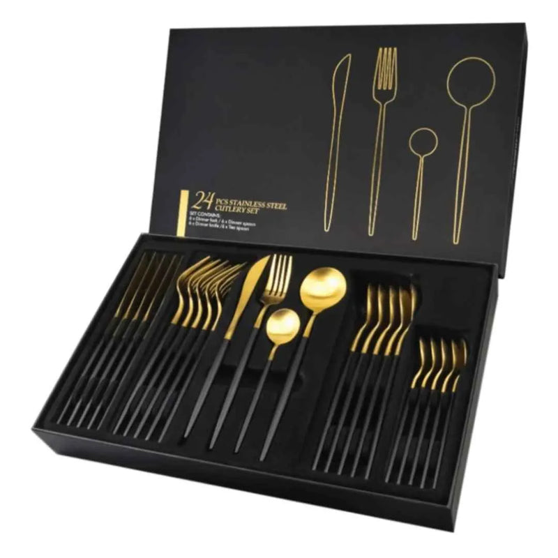 Conjunto de Talheres Dourado Luxy 24 Peças + Brinde Caixa presente - Tazzi