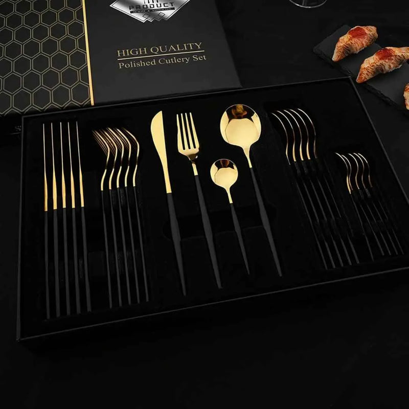 Conjunto de Talheres Dourado Luxy 24 Peças + Brinde Caixa presente - Tazzi