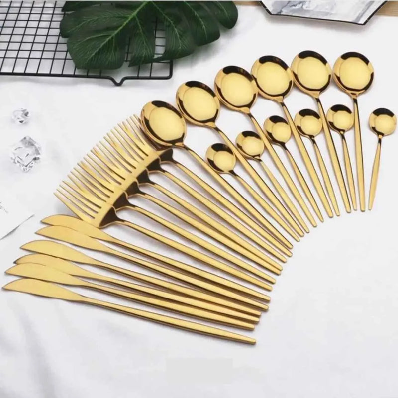 Conjunto de Talheres Dourado Luxy 24 Peças + Brinde Caixa presente - Tazzi